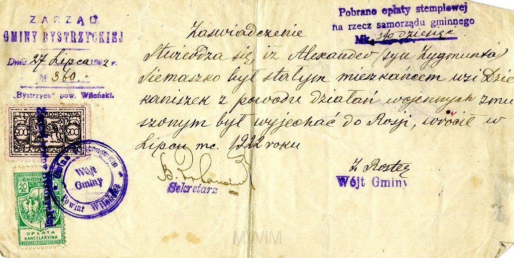 KKE 4600.jpg - Dok. Poświadczenia zamieszkania. Aleksandra Siemaszko - syn Zygmunta Siemaszko, Bystrzyca, 27 VII 1927 r.